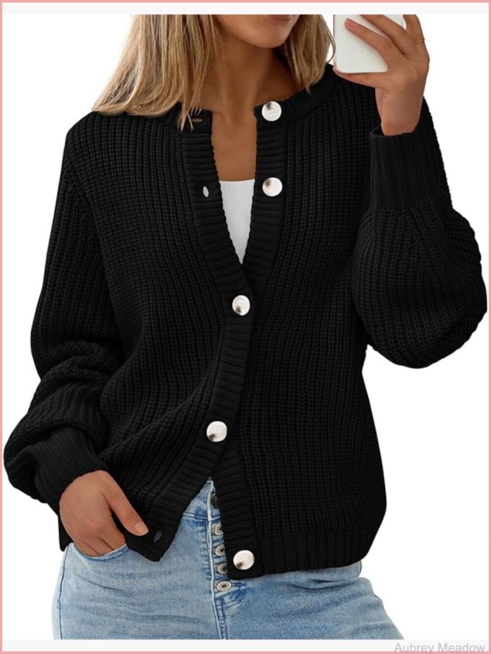Chunky Knit Open Front Cardigan Sweater Long Sleeve Button Down Crewneck Coat